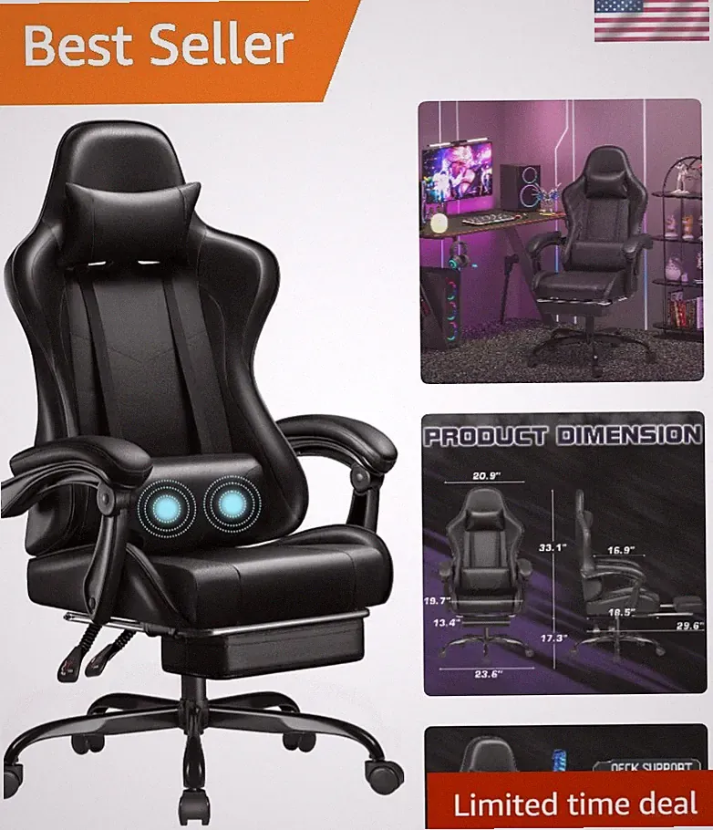 Adjustable Gaming Chair with Recline, Footrest & Lumbar Massage - Dark Black