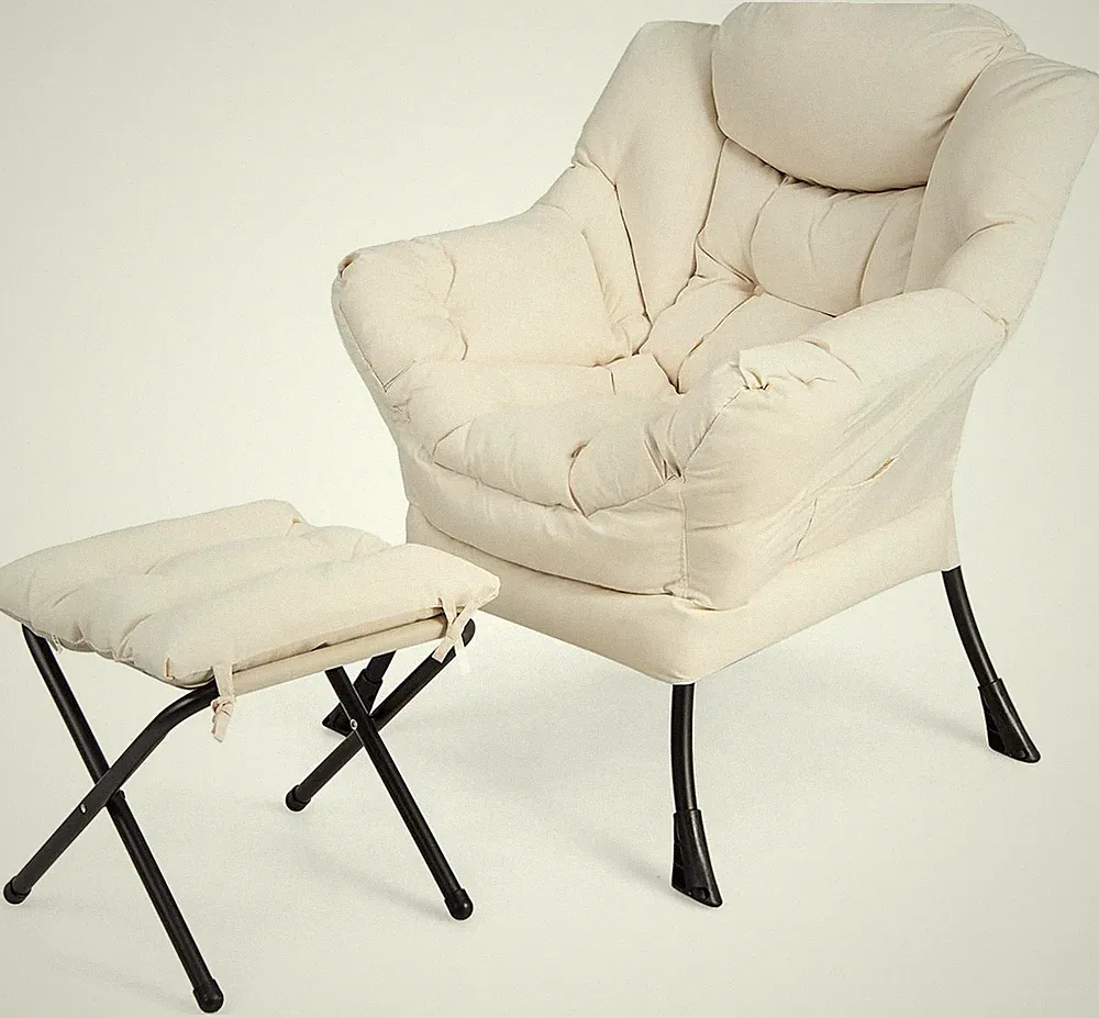 Beige Lazy Chair with Ottoman - Modern Upholstered Lounge Sofa for Relaxation