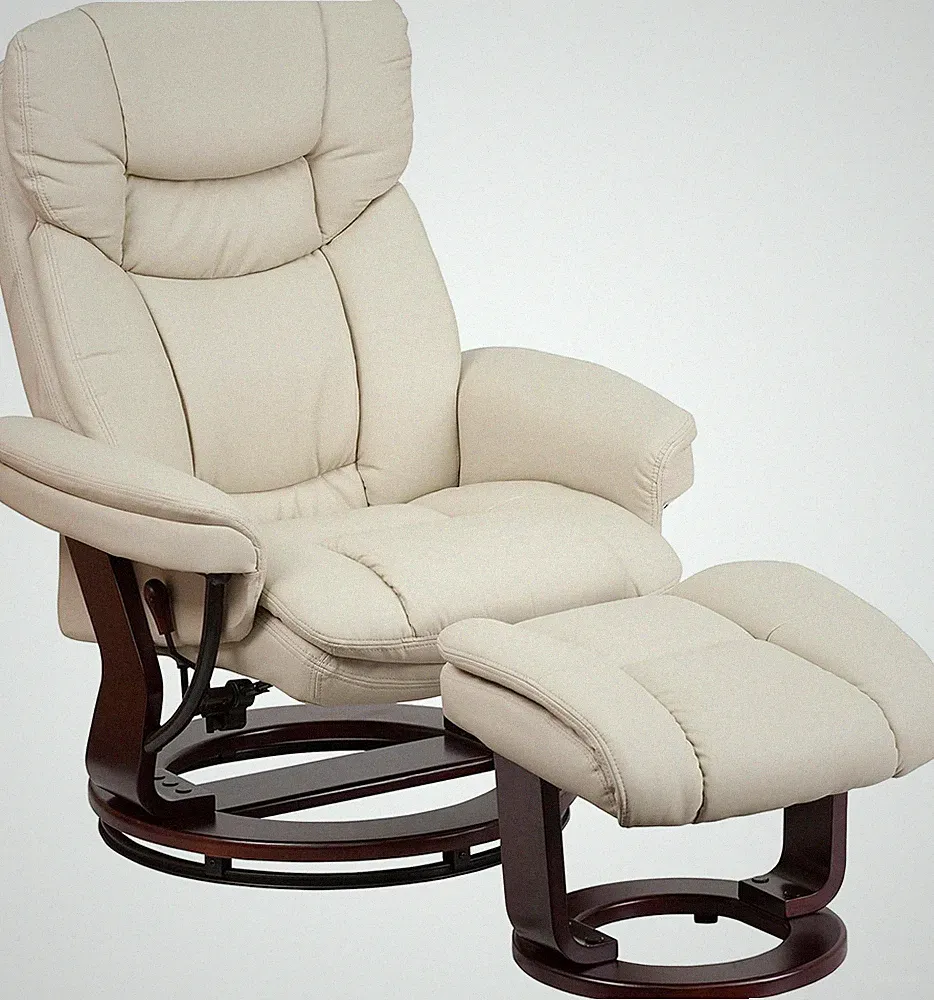 Beige Leathersoft Recliner Chair & Ottoman Set with Padded Swivel Design