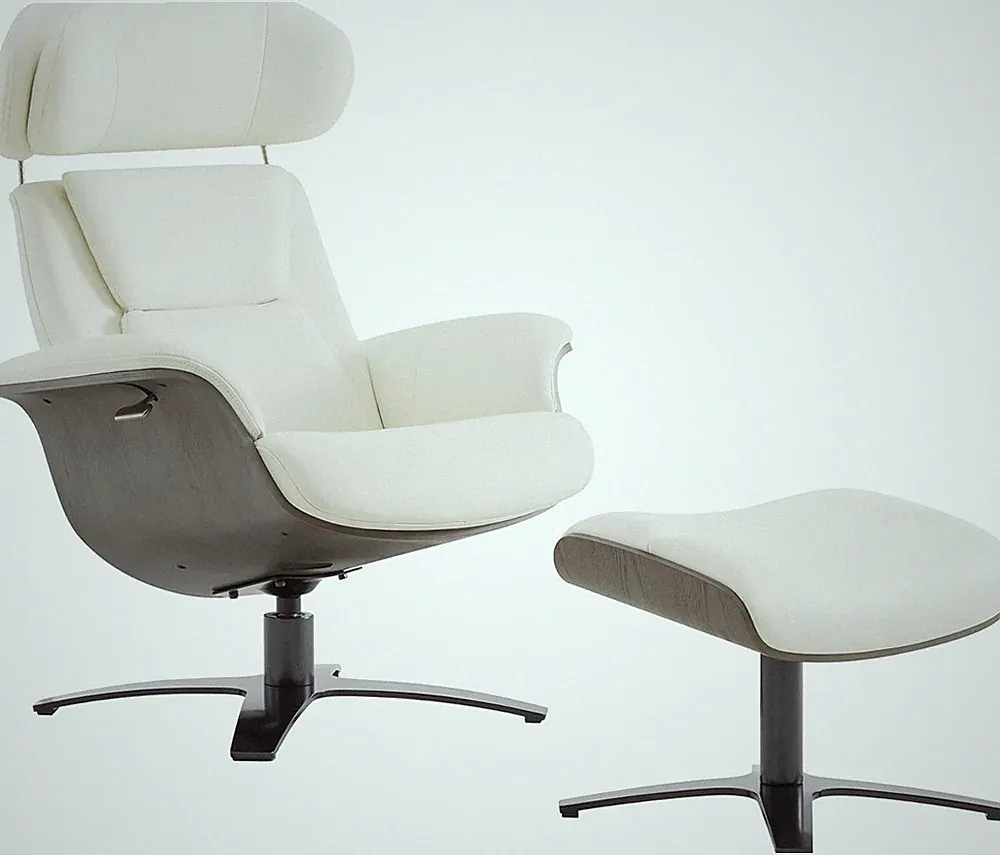 Luxurious White Leather Reclining Swivel Chair with Ottoman & Adjustable Headres