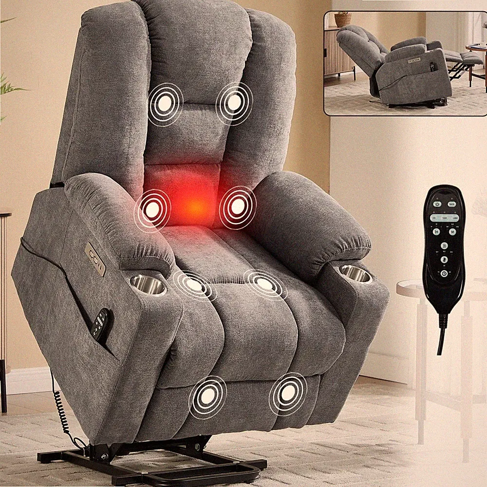 Power Lift Recliner Chair, 350 LBS, 8-Point Massage, Heat, USB/Type-C