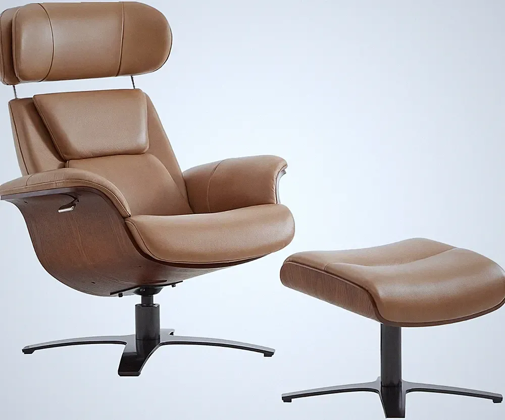 Saddle Genuine Leather Reclining Swivel Chair with Ottoman & Adjustable Headrest
