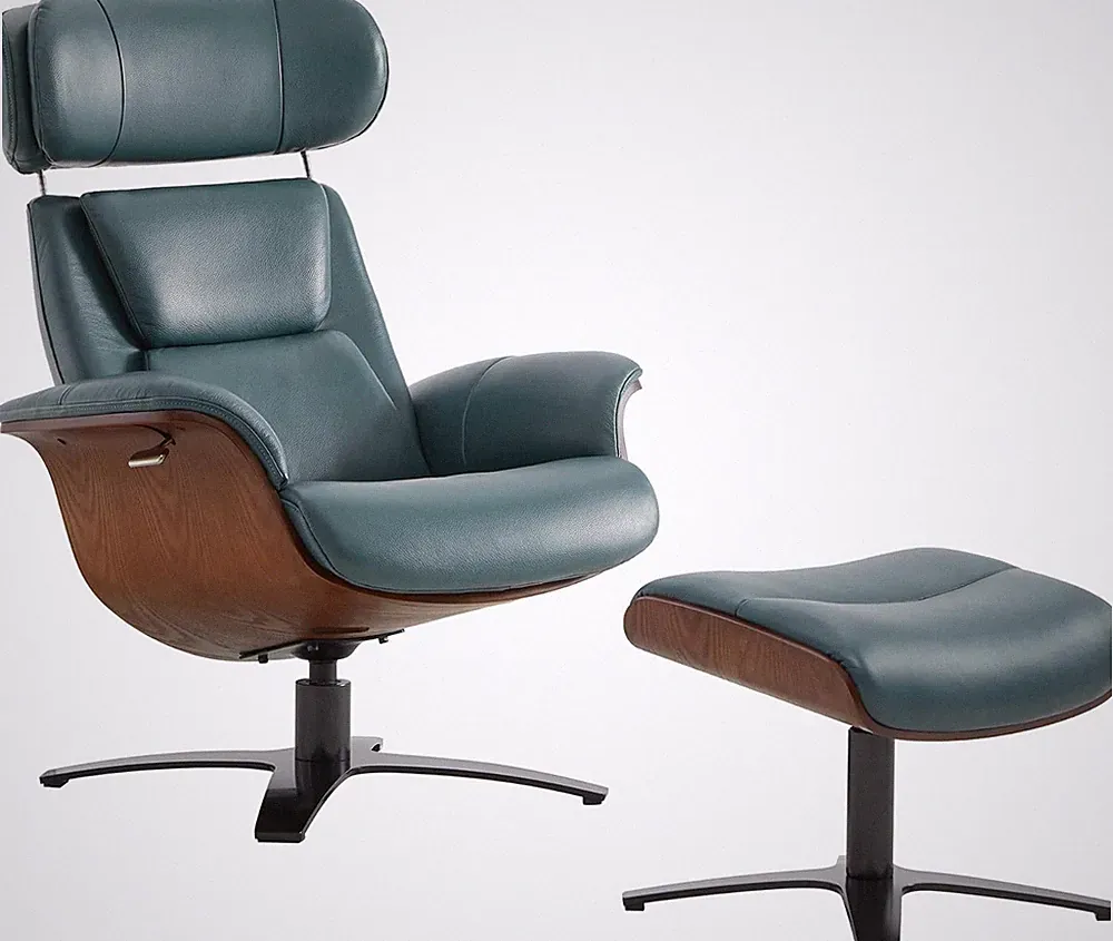 Teal Genuine Leather Reclining Swivel Chair with Ottoman & Adjustable Headrest